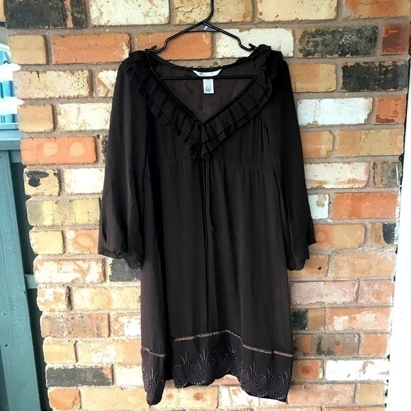 Diane von Furstenberg Brown Silk Embroidered Peasant Dress - Picture 1 of 8